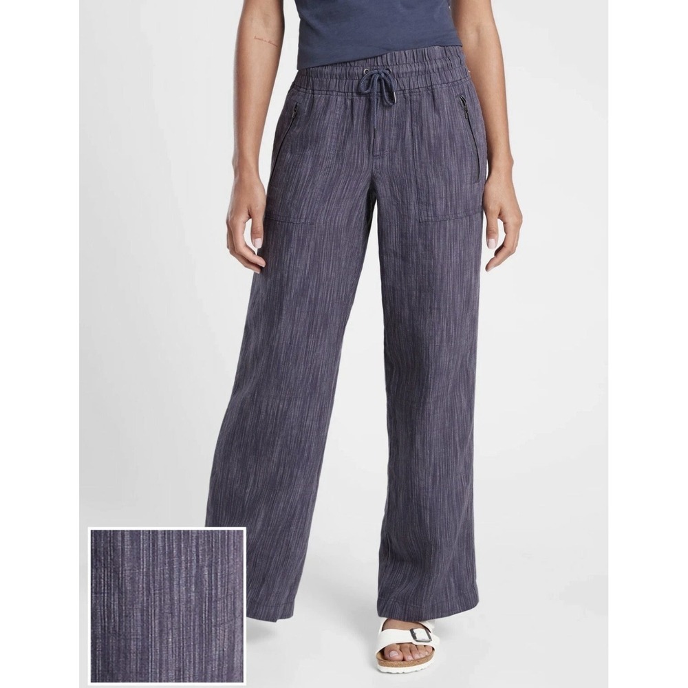 Athleta Linen Wide Leg Drawstring Pants Size S Blue Pockets